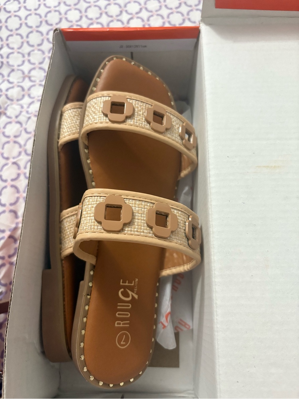 Rouge Helium Beige/Tan Woven Double-Strap Slide Sandals